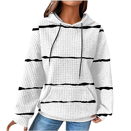 EMATOP Damen Langarm Kapuzenpullover Baumwolle Waffel Sweatshirt mit Kapuze Pulli Oberteil Shirts Streifen Pullover Herbst Winter Sport Hoodie Casual Lose Langarmshirt Kuschelig Kapuzenpulli von EMATOP