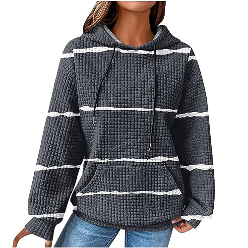 EMATOP Damen Langarm Kapuzenpullover Baumwolle Waffel Sweatshirt mit Kapuze Pulli Oberteil Shirts Streifen Pullover Herbst Winter Sport Hoodie Casual Lose Langarmshirt Kuschelig Kapuzenpulli von EMATOP