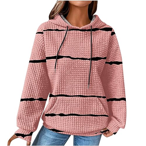 EMATOP Damen Langarm Kapuzenpullover Baumwolle Waffel Sweatshirt mit Kapuze Pulli Oberteil Shirts Streifen Pullover Herbst Winter Sport Hoodie Casual Lose Langarmshirt Kuschelig Kapuzenpulli von EMATOP