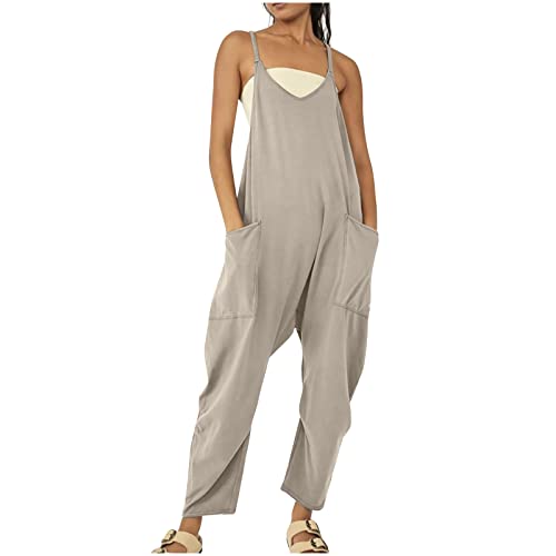 EMATOP Damen Latzhose Sommer Ärmellose Overalls Baumwolle Leinen Freizeithose Casual Einfarbig Jumpsuit Langes Weites Bein Hose mit Taschen Playsuit Loose Trägerhose Arbeitshose Oversize von EMATOP