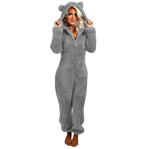 EMATOP Damen Overall Kuschelig Flauschig Einteiler Onesie Warm Plüsch Jumpsuit Teddy Fleece Schlafanzug Einfarbig Lange Pyjama Winter Weich Hausanzug mit Kapuze Reißverschluss Schlafoverall von EMATOP