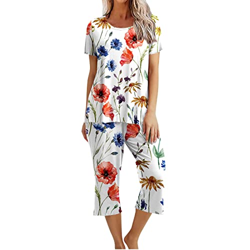 EMATOP Damen Schlafanzug Baumwolle Lässiges Nachtwäsche Sommer Kurz Pyjama Set Kurzarm Shirt mit 3/4 Lange Capri Hose Hausanzug Schön Blumen Druck Sleepshirt und Sommerhose Vintage Freizeitanzug von EMATOP