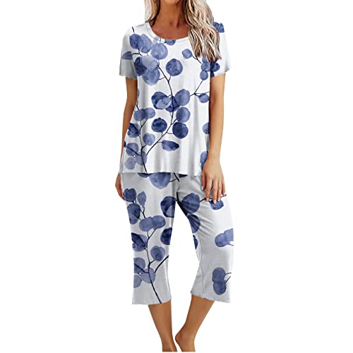 EMATOP Damen Schlafanzug Baumwolle Lässiges Nachtwäsche Sommer Kurz Pyjama Set Kurzarm Shirt mit 3/4 Lange Capri Hose Hausanzug Schön Blumen Druck Sleepshirt und Sommerhose Vintage Freizeitanzug von EMATOP