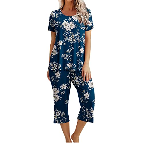 EMATOP Damen Schlafanzug Baumwolle Lässiges Nachtwäsche Sommer Kurz Pyjama Set Kurzarm Shirt mit 3/4 Lange Capri Hose Hausanzug Schön Blumen Druck Sleepshirt und Sommerhose Vintage Freizeitanzug von EMATOP