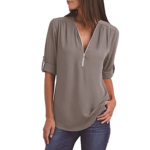 EMATOP Damen Sommer Bluse Tshirt Casual Lose Tunika Tops Elegant Chiffon Longshirt Vintage V-Ausschnitt Oberteile mit Reißverschluss Sommershirt Einfarbig Mode Langarmshirt Leichte Streetwear von EMATOP