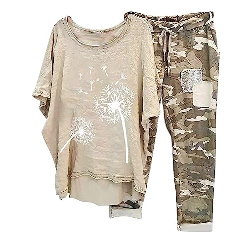 EMATOP Damen Sommer Freizeitanzug Leinen Zweiteiler Kurzarm Shirt und Hose Hausanzug Casual Baumwolle Trainingsanzug Elegant Vintage Tracksuit 2 Teiler Sportanzüge angebote von EMATOP