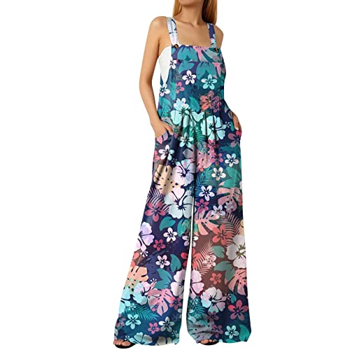 EMATOP Damen Sommer Overall Ärmellos Elegant Jumpsuit Lang Casual Hosenanzug Lose Rückenfrei Playsuit Oversize Hose Bunte Blumen Druck Latzhose mit Taschen Trägerhose Weich Bequem Sommerhose von EMATOP