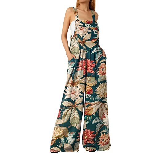 EMATOP Damen Sommer Overall Ärmellos Elegant Jumpsuit Lang Casual Hosenanzug Lose Rückenfrei Playsuit Oversize Hose Bunte Blumen Druck Latzhose mit Taschen Trägerhose Weich Bequem Sommerhose von EMATOP