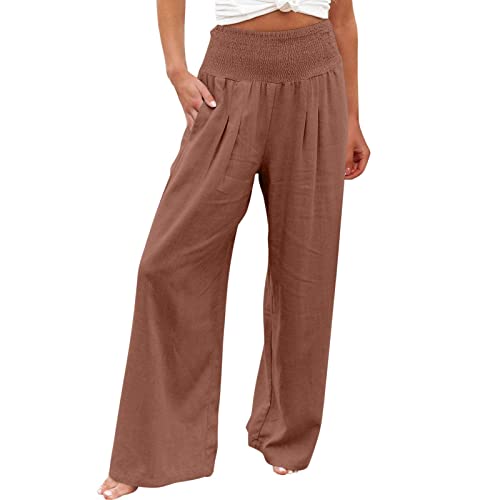 EMATOP Damen Sommerhose Weites Bein Leinenhose Leicht Haremshose Sport Stoffhose Elastische Bund Freizeithose Strandhose Lose Jogginghose Sommer Baumwolle Leinen Hosen mit Tasche von EMATOP