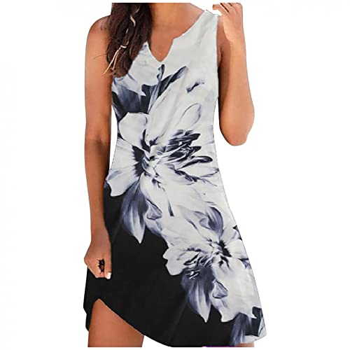 EMATOP Damen Sommerkleid Knielang Casual Strandkleider Ärmellos Sexy Trägerkleid Kurz Kleider V-Ausschnitt Mode Freizeitkleider Bunt Schmetterling Drucken Langes Tshirt Elegant Abendkleid von EMATOP