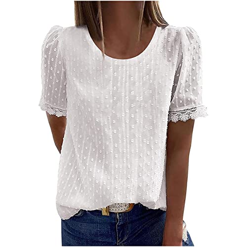 EMATOP Damen Spitze Tshirt Basic Rundhals Kurzarm Tops Schlanke Passform Oberteile Sommer Einfarbig Tunika Shirts Elegant Baumwolle Bluse Longshirt Sommershirts unsere Marken von EMATOP