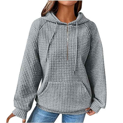 EMATOP Damen Sport Langarm Hoodie Baumwolle Waffel Kapuzenpullover Lässiges Baggy Sweatshirt mit Kapuze Pullover Casual Fitness Pulli Langarmshirt mit Taschen Sweatjacke Herbst Winter Outwear von EMATOP