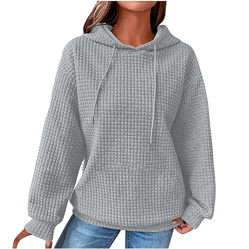 EMATOP Damen Waffel Kapuzenpullover Casual Einfarbig Pulli Langarmshirt Langarm Baumwolle Pullover Lose Elegant Sweatshirt mit Kapuze Oberteile Freizeit Sport Hoodie Teenager Mädchen Outwear von EMATOP