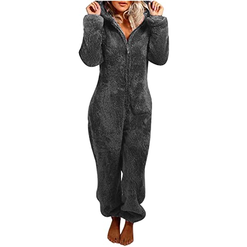 EMATOP Einteiler Onesie Kuschelig Jumpsuit Damen Teddy Fleece Overall Lang Flauschig Schlafanzug Casual Einfarbig Ganzkörperanzug Warm Hausanzug mit Kapuze Schlafoverall blitzangebote des Tages von EMATOP