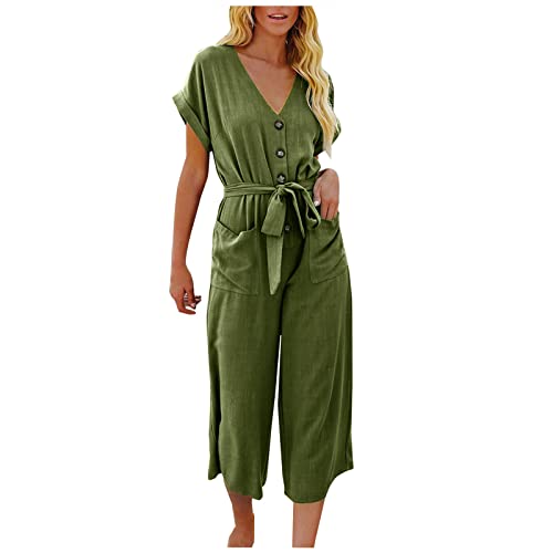 EMATOP Einteiliger Damen Latzhose Sommer Lässig Jumpsuit Baumwolle Leinen Playsuit Locker Einfarbig Strampler Lang Kurzarm Arbeitshose mit Taschen Overalls Leicht Atmungsaktiv Freizeitanzug von EMATOP