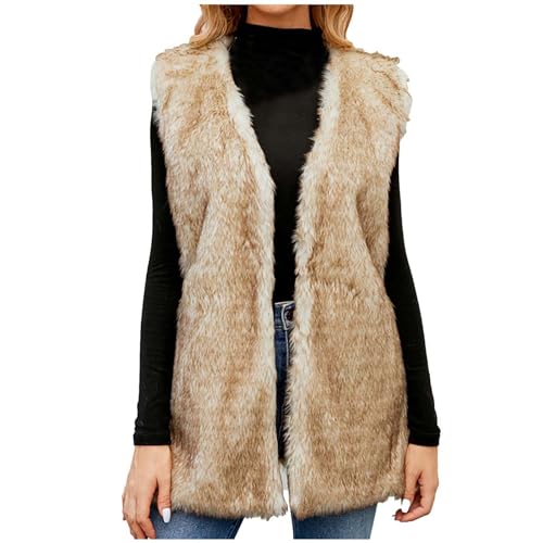 EMATOP Fell Weste Damen Warm Pelzmantel Ärmellos Elegant Fellmantel Lang Vintage Pelzjacke Steppweste Casual Kunstfell Jacke Fellweste Einfarbig Mode Pelzweste Herbst Winter Pelzjacke Mantel von EMATOP