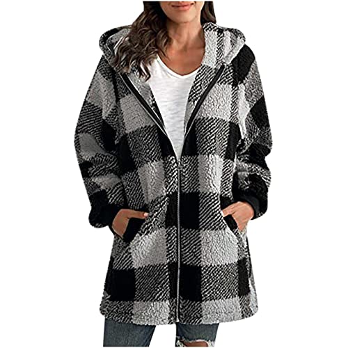 EMATOP Fleecejacke Damen Winter Warm Mantel Baumwolle Langarm Wolljacke mit Kapuze Winterjacke Lang Kariertes Jacke Teddy Fleece Wollmantel Taschen Reißverschluss Wintermantel Trenchcoat von EMATOP