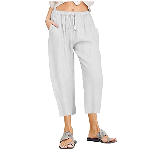 EMATOP Frauen Strandhose 3/4 Lange Hosen Sommer Capri Freizeithose Baumwolle Leinen Stoffhose Lässig Baggy Sommerhosen Leicht Atmungsaktiv Outdoorhose mit Taschen Sporthose für Alltag von EMATOP