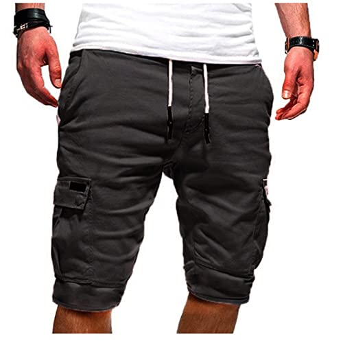 EMATOP Herren Cargo Shorts Baumwolle Kurze Hose Einfarbig Cargohose Bermuda Short mit 6 Taschen Sommerhose Elastischer Bund Sporthose Regulär Fit Laufshorts Männer, 04-dunkelgrau, 5XL von EMATOP