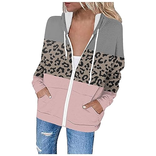 EMATOP Hoodie Damen Langarm Sport Sweatjacke mit Kapuze College Jacke Lässig Lose übergangsjacke Elegant Baumwolle Kapuzenjacke Farbblock Leoparden Muster Sportjacke Herbst Winter Streetwear von EMATOP