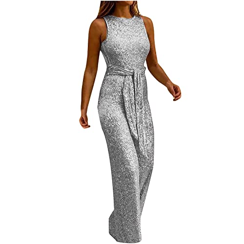 EMATOP Hosenanzug Damen Festlich Elegant Jumpsuit mit Glitzer Overall Sommer Armellos Strampler Einteiler Lang Playsuit Sexy Einfarbig Romper Spielanzug mit Gürtel Weites Bein Hosen für Party von EMATOP