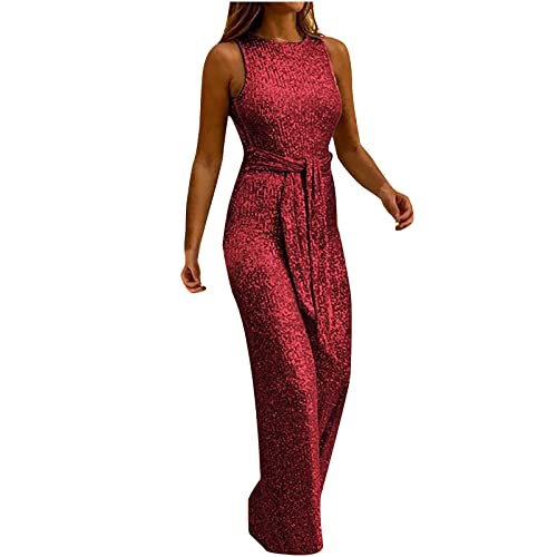 EMATOP Hosenanzug Damen Festlich Elegant Jumpsuit mit Glitzer Overall Sommer Armellos Strampler Einteiler Lang Playsuit Sexy Einfarbig Romper Spielanzug mit Gürtel Weites Bein Hosen für Party von EMATOP