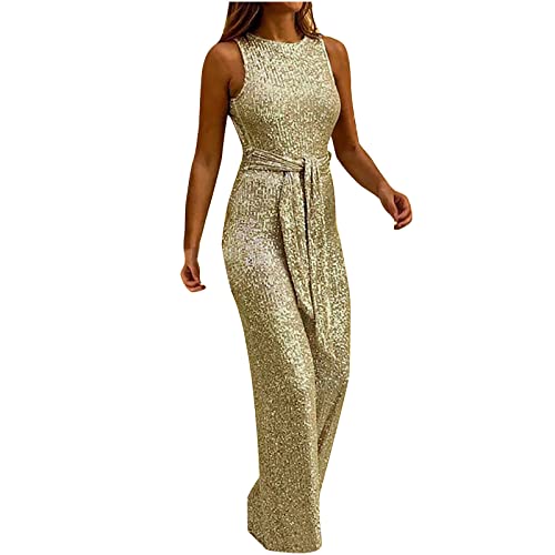 EMATOP Hosenanzug Damen Festlich Elegant Jumpsuit mit Glitzer Overall Sommer Armellos Strampler Einteiler Lang Playsuit Sexy Einfarbig Romper Spielanzug mit Gürtel Weites Bein Hosen für Party von EMATOP