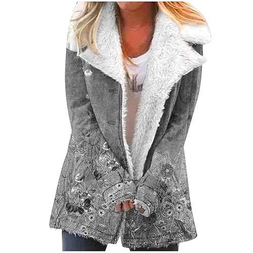 EMATOP Jacke Damen Lange Warm Winterparka Fleece Gefüttert Mantel Mode Revers Winterjacke Herbst Winter Übergangsjacke Vintage Blumen Druck Fleecejacke Elegant Kuschelig Wintermantel Outwear von EMATOP