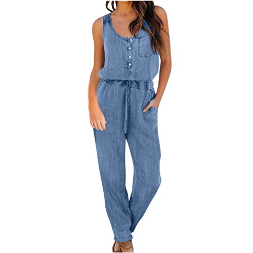 EMATOP Jeanslatzhose Damen Sommer V-Ausschnitt Latzhose Ärmellos Elegant Jumpsuit Lange Jeans Hose mit Taschen Denim Overall Vintage Hohe Taille Playsuit Casual Loose Fit Hoseanzug Romper von EMATOP