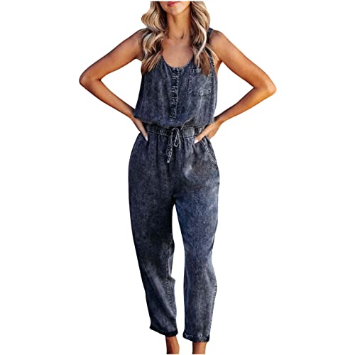 EMATOP Jeanslatzhose Damen Sommer V-Ausschnitt Latzhose Ärmellos Elegant Jumpsuit Lange Jeans Hose mit Taschen Denim Overall Vintage Hohe Taille Playsuit Casual Loose Fit Hoseanzug Romper von EMATOP