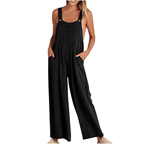 EMATOP Jumpsuit Damen Elegant Kurzarm Playsuit V-Ausschnitt Casual Lose Overalls Lang Romper Causal Einfarbig Sommerhose Baumwolle Leinen Latzhose von EMATOP