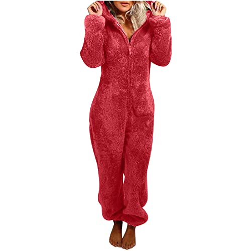 EMATOP Jumpsuit Damen Kuschelig Einteiler Onesie Teddy Fleece Overall Lang Flauschig Schlafanzug Casual Einfarbig Ganzkörperanzug Warm Hausanzug mit Kapuze Schlafoverall Black Friday Angebote von EMATOP