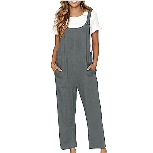 EMATOP Jumpsuit Damen Lang Weite Bein Latzhose Baumwoll Leinen Einteiler Overall Sommer Ärmellos Playsuits mit Taschen Arbeitshose Elegant Einfarbig Hosenanzug Leicht Weites Bein Hosen für Alltag von EMATOP