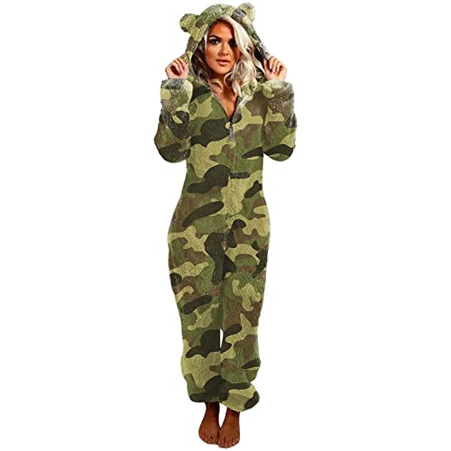 EMATOP Jumpsuit Damen Winter Warm Overall Teddy Fleece Einteiler Onesie Schlafanzug Kuschelig Lang Pyjama Flauschig Weich Hausanzug Einfarbig Schlafoverall mit Kapuze Reißverschluss Homewear von EMATOP