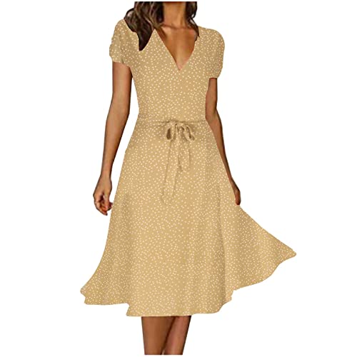 Kleider Damen Sommer Elegant Chiffonkleid Sexy V-Ausschnitt Freizeitkleider Hohe Taille A-Linie Kleid Casual Kurzarm Sommerkleid Vintage Boho Strandkleid Knielang Blumen Midikleid von EMATOP