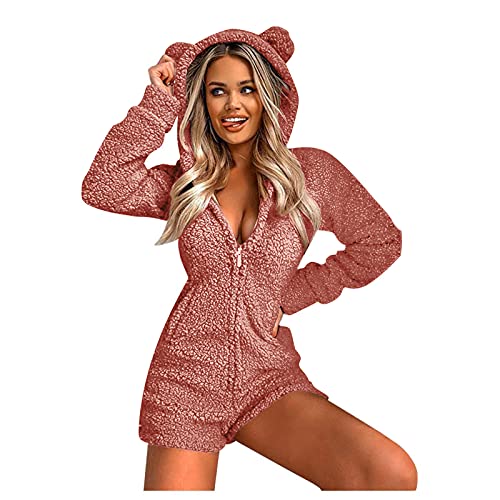 EMATOP Kurz Jumpsuit Damen Kuschelig Schlafoverall Teddy Fleece Schlafanzug Flauschig Einteiler Onesie Einfarbig Overall Warm Winter Hausanzug mit Kapuze & Reißverschluss Pyjama Ganzkörperanzug von EMATOP