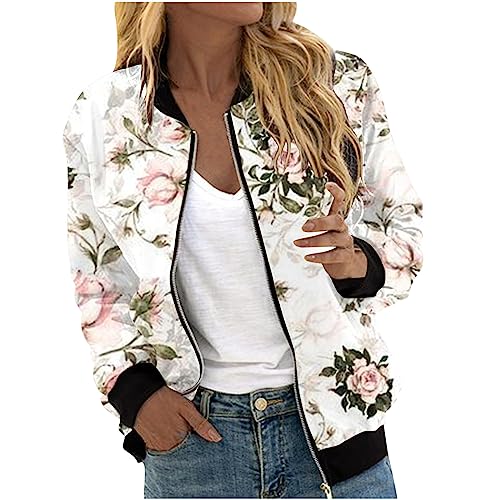 EMATOP Kurzjacke Damen Langarm Casual Sportjacke Leichte Kurz College Jacke Elegant Stehkragen Bomberjacke Schön Blumen Druck Pilotenjacke mit Taschen Fliegerjacke Teenager Mädchen Outwear von EMATOP