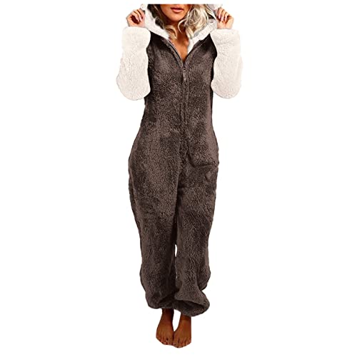 EMATOP Kuschel Jumpsuit Damen Warm Flauschig Schlafanzug Teddy Fleece Einteiler Overalls Winter Lang Pyjama mit Kapuze Reißverschluss Schlafoverall Kuschelig Weich Onesie Plüsch Hausanzug von EMATOP