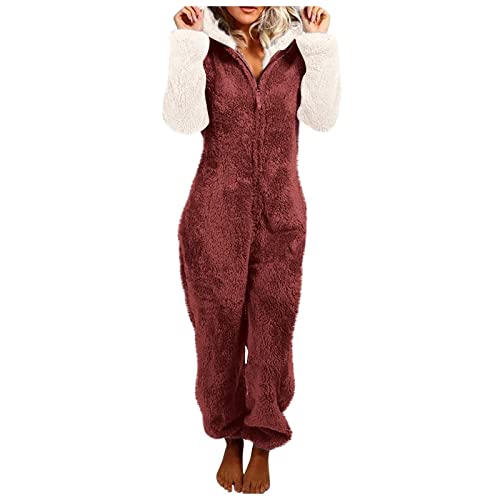 EMATOP Kuschel Jumpsuit Damen Warm Flauschig Schlafanzug Teddy Fleece Einteiler Overalls Winter Lang Pyjama mit Kapuze Reißverschluss Schlafoverall Kuschelig Weich Onesie Plüsch Hausanzug von EMATOP