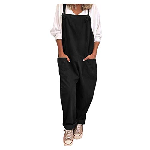 EMATOP Latzhose Damen Sommer Ärmellose Overalls Baumwolle Leinen Freizeithose Casual Einfarbig Jumpsuit Langes Weites Bein Hose mit Taschen Playsuit Loose Trägerhose Arbeitshose Oversize von EMATOP