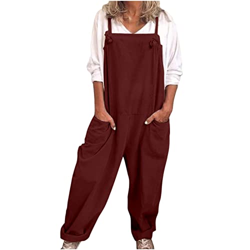 EMATOP Latzhose Damen Sommer Ärmellose Overalls Baumwolle Leinen Freizeithose Casual Einfarbig Jumpsuit Langes Weites Bein Hose mit Taschen Playsuit Loose Trägerhose Arbeitshose Oversize von EMATOP