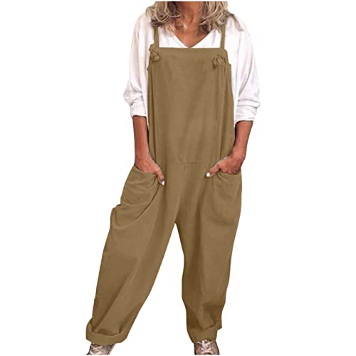 EMATOP Latzhose Damen Sommer Ärmellose Overalls Baumwolle Leinen Freizeithose Casual Einfarbig Jumpsuit Langes Weites Bein Hose mit Taschen Playsuit Loose Trägerhose Arbeitshose Oversize von EMATOP