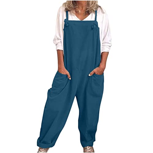 EMATOP Latzhose Damen Sommer Ärmellose Overalls Baumwolle Leinen Freizeithose Casual Einfarbig Jumpsuit Langes Weites Bein Hose mit Taschen Playsuit Loose Trägerhose Arbeitshose Oversize von EMATOP