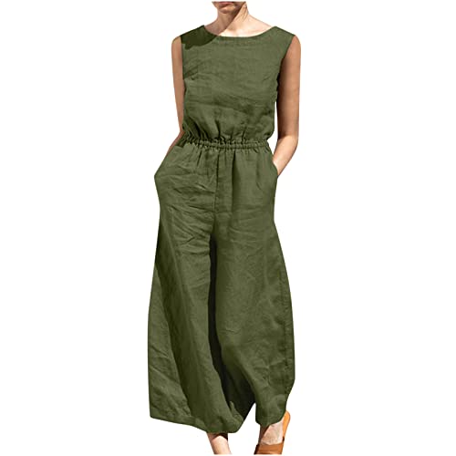 EMATOP Latzhose Damen Weite Bein Schlag Jumpsuit mit Tasche Loose Fit Baggy Playsuits Sommer Boho Strampler Ärmellos Riemchen Overalls Casual Adjustable Bib Pants von EMATOP