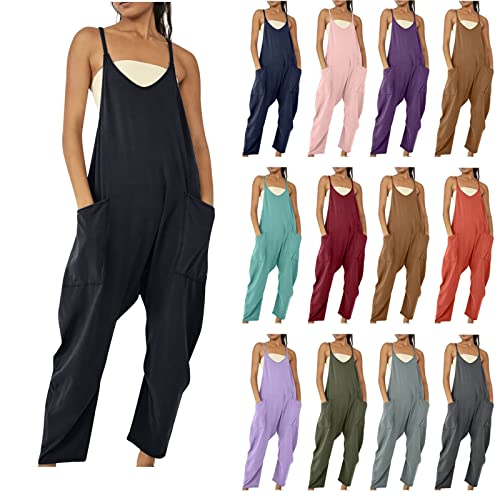 EMATOP Latzhosen für Damen Lässige Jumpsuits Frühling Sommer Overalls Ärmellose Lange Weite Beine Arbeitshose Einfarbig Mode Einteiler Playsuit mit Große Taschen Hosenanzug von EMATOP