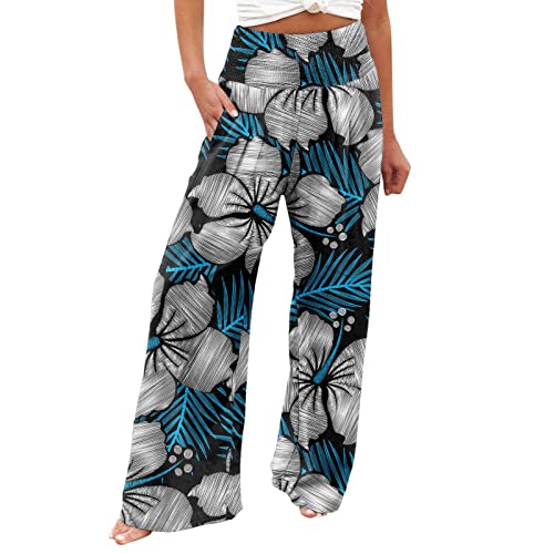 EMATOP Leinenhose Damen Leicht Boho Strandkleid Sommer Casual Weite Beine Hose Baumwolle Leinen Stoffhose mit Taschen Sporthose High Waist Elegant Freizeithose Schön Blumen Druck Sweathose von EMATOP