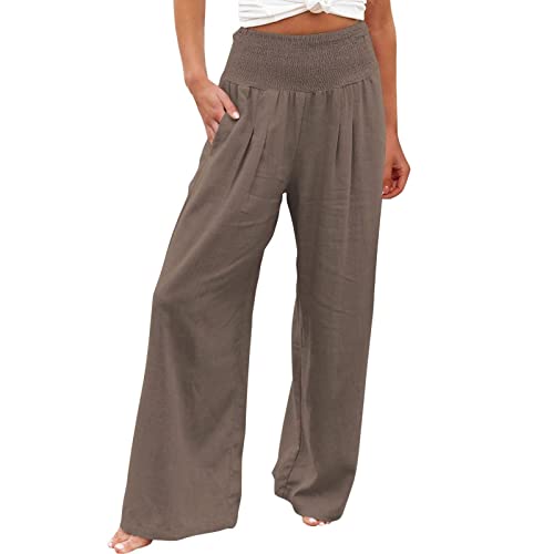 EMATOP Leinenhosen für Frauen weites Bein lässig Sommer elastisch hoch taillierte Palazzo Hose Baggy Flowy Strandhose mit Tasche Lounge Hose mit Taschen Leichtgewicht hoch tailliert von EMATOP