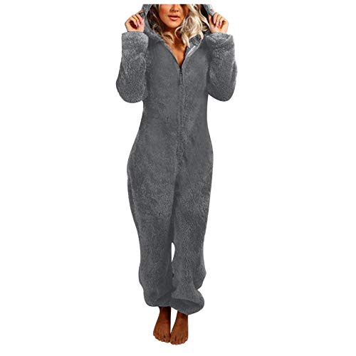 EMATOP Onesie Damen Kuschelig Jumpsuit Teddy Fleece Schlafanzug Winter Warm Lang Overall Flauschig Einteiler Schlafoverall mit Kapuze Einfarbig Hausanzug Weich Ganzkörperanzug Karnevals Kostüm von EMATOP