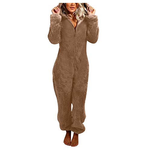 EMATOP Onesie Damen Kuschelig Jumpsuit Teddy Fleece Schlafanzug Winter Warm Lang Overall Flauschig Einteiler Schlafoverall mit Kapuze Einfarbig Hausanzug Weich Ganzkörperanzug Karnevals Kostüm von EMATOP