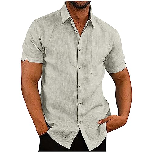 EMATOP Prime Angebote Leinenhemd Herren Kurzarm Sommer Hemd Tops Baumwolle Leinen Hemdbluse Leicht Einfarbig Bluse Tshirt Casual Regular Fit Freizeithemden Button Down Strandhemd Muskelshirt von EMATOP